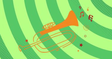 Trompet grafiksel dolgu, yeşil yay üzerinde geri çekilme not ve yıldız aksanları animasyon. Müzikal, animasyon, canlı, soyut, performans, eğlence, tasarım