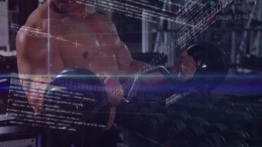 EZ kıvrımlı çubuğu kavramış tişörtsüz bir adam, dijitalle izleme için kıvrılmış titreşimli veriler. Güç, zindelik, teknoloji, veri, egzersiz, fizik, modern