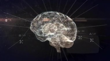 Siyah arka planda veri işleme ve dijital beynin animasyonu. Küresel bilim, bilgisayar ve dijital arayüz kavramı dijital olarak oluşturulmuş video.