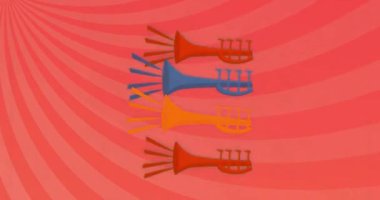 Radyal pembe çizgili yelpazeler sol üstte dört renkli trompetin üst üste yığılmasına ve döngü oluşturmasına neden oluyor. Geometrik, soyut, enerjik, hareketli, dijital, grafik, renkli