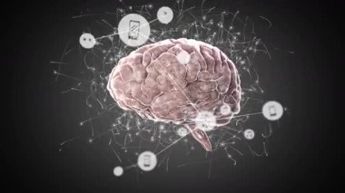 İnsan beyninin etrafında soyut arkaplan üzerinde hareket eden noktaların üzerindeki simgelerin animasyonları. Dijital olarak üretilmiş, hologram, illüstrasyon, iletişim, yapay zeka ve teknoloji.