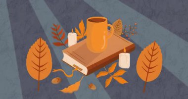 Işık demetleri soldan kayıyor. Turuncu kupanın yanında yaprakları değiştiriyor. Mumlar yanıp sönüyor. Sonbahar, durgun hayat, ılık, mevsimsel, rahat, dokulu, atmosferik