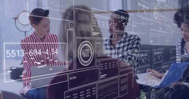 İş dünyası ekibi masada oturuyor ve İHD ölçümleri ortaya çıkıyor, inceleme ve bilgi için rapor veriyor. İşbirliği, takım çalışması, analitik, yenilik, modernlik, profesyonel, dijital