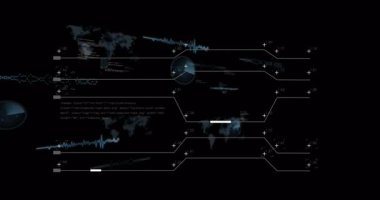 Siyah ekran açılışı HUD dönen dalga formları verileri gösteren harita siluetini karartıyor. Teknoloji, arayüz, veri, siber güvenlik, dijital, yenilik, görselleştirme