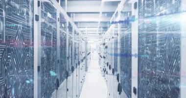 Animation of computer data processing over computer servers. Global computing and data processing concept digitally generated video.