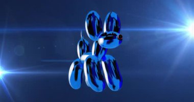 Başlangıçta, metalik mavi balon köpek heykeli mavi boşlukta mercek parlamasıyla dönüyor. Heykel, çağdaş, fütüristik, soyut, dijital sanat, aydınlatma, dinamik