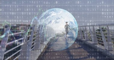 Yaya köprüsünde gri taytlı koşucu, beyaz korkuluklar, dünya, ikili kod, çizelge çizgileri. Fitness, teknoloji, açık hava, modern, motivasyon, sağlık, dijital