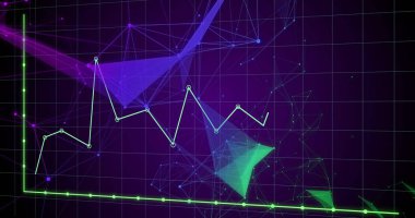 Parlayan ağ ağlarıyla birlikte koyu mor ızgara arayüzünde yükselen neon yeşil çizgi grafiği gösteriliyor. Futuristik, teknoloji, dijital, yenilik, veri, görselleştirme, ağ