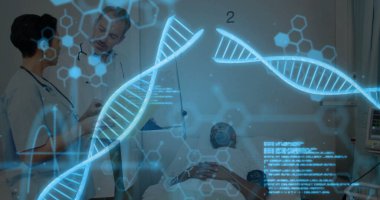 Hastanenin muayene odasında iki doktorun DNA hologramı eşleşerek hasta vakasına bakması. Tıbbi, sağlık, tanı, biyoteknoloji, genetik, klinik, bilim
