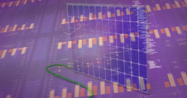 Yeşil kablo ve veri grafikleriyle dijital ortamda fotovoltaik panel gösteriliyor. Yenilenebilir, teknoloji, yenilik, sürdürülebilirlik, fütürizm, veri görselleştirme, dijital sanat