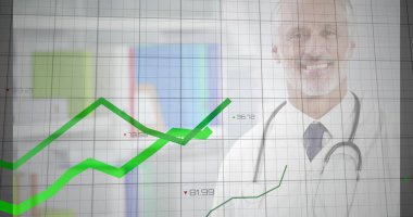 Beyaz önlük giyen doktor, klinikte steteskop, yeşil grafik kaplamalı, kopyalama alanı. Sağlık, veri görselleştirme, analitik, profesyonellik, tıbbi, teknoloji, finans