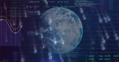 Dünya 'nın çift haneli rakamları, kalp atışları, hat çizelgeleri, kodlar, ekranda şebeke örtüsü gösteriliyor. Teknoloji, siber güvenlik, veri, analitik, dijital, finans, ağ