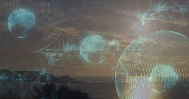 Alacakaranlıkta tepenin üstünde süzülen holografik dünya ve dijital çizgilerle birlikte ağaç sınırı. Gelecek, teknoloji, ağ, görselleştirme, yenilik, soyut, dijital