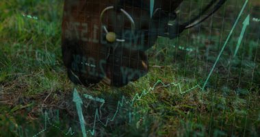 Uçan metal detektör bobini çimenlik alanı tarıyor, şaft, kablolar ve dijital kaplama grafikleriyle. Teknoloji, yenilik, tespit, analiz, açık hava, veri görselleştirme, soruşturma