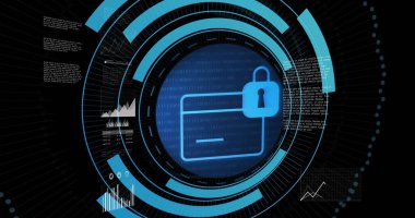 Dijital HUD 'de parlayan mavi dairesel arayüz, asma kilit simgesi ve kart ana hatlarıyla gösteriliyor. Siber güvenlik, dijital, fütürist, veri, teknoloji, şifreleme, koruma