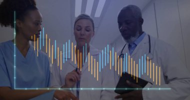 Hastanenin koridorunda stetoskop ve tablet bulunan grafiği gösteren tıbbi ekip inceleniyor. Sağlık, profesyonellik, veri görselleştirme, takım işbirliği, tıbbi teknoloji, klinik çevre, tıbbi araştırma