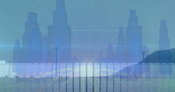 Установка деревянных опор забора и опор ЛЭП, сливающихся с цифровой сетью на ферме, горизонт. Сельское хозяйство, технологии, футуризм, ландшафт, инфраструктура, современность