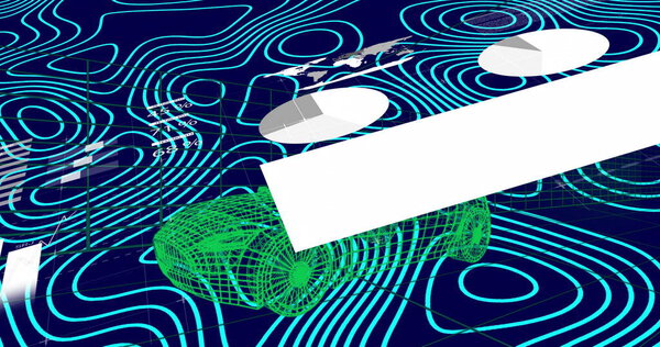 Отображение зеленой модели автомобиля wireframe, зависающей над интерфейсом с белой диагональной полосой и круговыми диаграммами. Технологии, передача данных, цифровой интерфейс, аналитика, футуристическая, инфографика, автомобильная