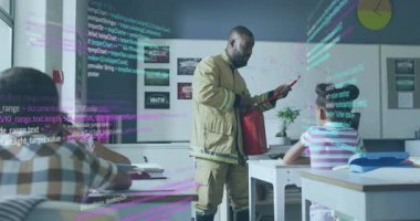 İtfaiyeci yangın söndürücüyü yerleştirmeyi öğretiyor, sonra stilus kullanıyor ve sınıfta kod kaplamasını genişletiyor. Eğitim, yenilik, teknoloji, güvenlik, akıl hocalığı, öğrenme, dijital