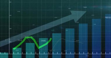 Izgara açık deniz mavisi çubukları ok kaplama etiketleriyle dalgalanan yeşil çizgi güncelleme eğilimi. Veri görselleştirme, analitik, teknoloji, veri gösterge paneli, performans, grafik, dijital arayüz