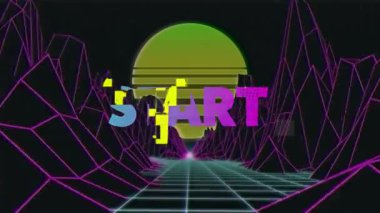 Başlangıç metni üzerine dijital dağların animasyonu. Soyut arkaplan ve dijital arayüz kavramı dijital olarak oluşturulmuş video.