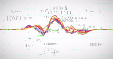 Dalgalanan sembollü verileri göstermek için yükselen ve alçalan bir taban çizgisi. Soyut, veri görselleştirme, dijital sanat, fütüristik, dinamik, teknoloji, hareket