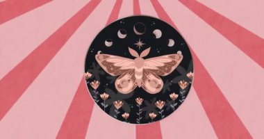 Dairesel amblem başlatılıyor. Pembe ışınlar dışa doğru süpürülüyor. Sonra da vitrin tasarımına geri çekiliyor. Sembol, amblem, soyut, geometrik, göksel, dekoratif, mistik