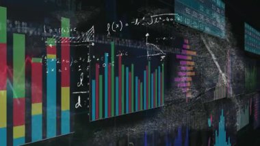 Renkli istiflenmiş çubuklar örgü şeklinde görünen formüller güncelleniyor ve çizgiler sola doğru hareket ediyor. Veri, analitik, görselleştirme, gösterge paneli, teknoloji, bilgi grafikleri, zeka