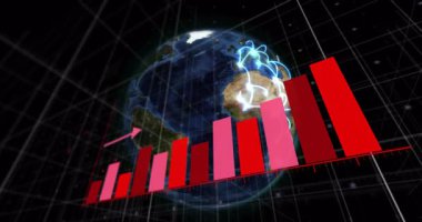 Büyüyen çubuk grafiği ve siyah arkaplan üzerindeki okun animasyonu. Dijital olarak üretilen hologram, illüstrasyon, rapor, iş dünyası, kâr ve küreselleşme kavramı.