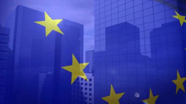 Kentsel ufuk çizgisinde dalgalanan şeffaf AB bayrağını gösteren sahne, arkasında cam gökdelenleri gözler önüne seriyor. Vatanseverlik, diplomasi, kentsel, kurumsal, modern, ekonomik, yenilik
