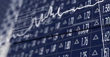 Karanlık arka planda finansal veri işleme animasyonu. Küresel iş, finans, hesaplama ve veri işleme kavramı dijital olarak oluşturulmuş video.