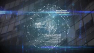 Ağ görselleştirmesi için cam cephede dönen dünyaya bağlanan noktaları gösteriyor. Gelecek, teknoloji, siber, veri, soyut, yenilik, dijital
