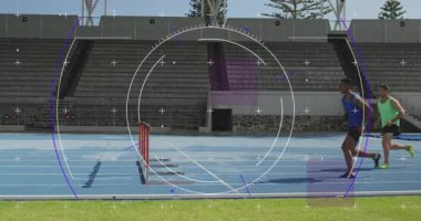 Silah seslerini duymak, mavi sporcunun kazanmak için engelleri kaldırması, onu yeşil atlet takip ediyor. Atletizm, rekabet, sportmenlik, hız, dayanıklılık, eğitim, performans