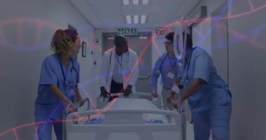 Hemşire tırabzanı kavrıyor koridordan çıkışa doğru hareket ediyor, sağlık ekibi okları takip ediyor. Tıbbi ekip, sağlık, takım çalışması, hastane, profesyonel, klinik, hasta bakımı