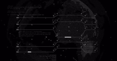 3D küre ortaya çıkıyor; çizgiler genişletiliyor; kaplama oluşturuluyor; kaydırma kodu; döndürme, görselleştirme verileri. Teknoloji, veri görselleştirme, dijital ağ, siber dünya, animasyon, siber güvenlik, bağlantı