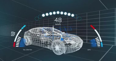 Otomobilin hız göstergesinde simgelerin, mesajların ve değişen numaraların animasyonu. Dijital olarak üretilmiş, hologram, illüstrasyon, üç boyutlu, ölçüm ve ulaşım kavramı.