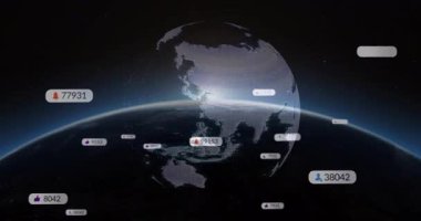 Dünya yükselirken, dönen dünya animasyon rozetleri güncelliyor ve azalıyor, küresel çatışmayı görselleştiriyor. Gezegen, bağlantı, teknoloji, dijital, geleceksel, küresel, ağ