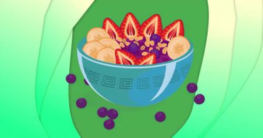 Meyvelerle dolu mavi seramik kase yaban mersinlerinin kasenin etrafında yuvarlanarak hafif hareket ettiğini gösteriyor. Meyve, sağlıklı, taze, canlı, minimalizm, doğal, renkli