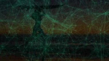 Teknolojik ağ kayması, gün batımında sörf tahtasına doğru yürüyen bir kadın olduğunu gösteriyor. Gelecekçi, minimalizm, enerji, macera, alacakaranlık, dijital, dayanıklılık