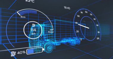Animation of digital car interface and data processing over 3d model of car. Global engineering, digital interface, business, computing and data processing concept digitally generated video.