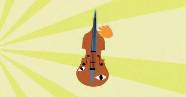 Turuncu el kahverengi keman boynunu kavrıyor hafif eğik hareketler yapıyor ve sarı ışınlar saçıyor. Müzikal, soyut, enerjik, hareketli, resimli, enerjik, oyuncu.