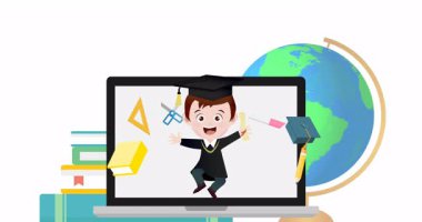 Mezuniyet şapkalı öğrenciyle okul sıraları ve dünya üzerindeki sertifikalı dizüstü bilgisayarın animasyonu. Küresel eğitim, okul, bilim ve eğitim kavramı dijital olarak oluşturulmuş video.