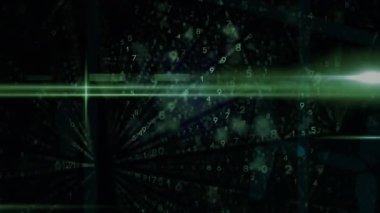 Yeşil ve siyah kod dizaynının dijital animasyonu. Animasyon bir şehir üzerindeki bağlantıları gösteriyor. Dijital bir imleç siyah ve mavi olarak görülür. Video iletişim teknolojisi, veri paylaşımı ve dijital arayüz kavramını temsil ediyor.