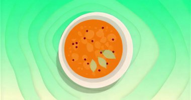 Körfez yaprakları dalgalanıyor, biberler fırıl fırıl dönüyor ve fon nabzı atıyor. Soyut, hareketli, hareketli, uyum, konsantrasyon, sakinlik, refah