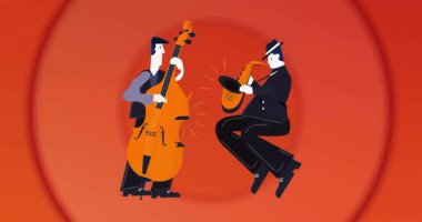 Eş merkezli daireler basçılığı başlatıyor ve saksafon çalıp ritmik ikiliyi canlandırıyor. Müzik, caz, soyut, animasyon, performans, ritim, işbirliği