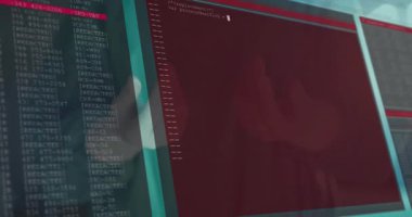 Deniz mavisi önlüklü ve eldivenli bir kadın temiz bir panele dokunuyor. Teknoloji laboratuarındaki slaytlı pencereleri gösteriyor. Futuristik, teknoloji, arayüz, yenilik, dijital, bilim, profesyonellik