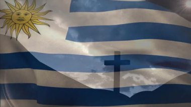 Hristiyan haçı ve Uruguay bayrağının animasyonu. Din, gelenek ve Hıristiyanlık kavramı dijital olarak oluşturulmuş video.