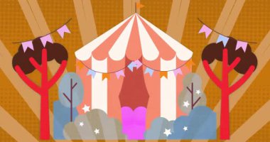 Çizgili karnaval çadırı macenta şeklinde ortaya çıkıyor bayraklar dalgalanıyor ve yerleşiyor. Şenlik, kutlama, eğlence, canlı, kaprisli, dekoratif, açık hava