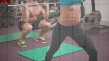 Spor salonu spor salonu ikilisi çömeliyor sonra ağırlık ve dambıllara basıp metrik grafik animasyonu uyguluyor. Güç, eğitim, refah, fonksiyonel, motivasyon, dayanıklılık, performans