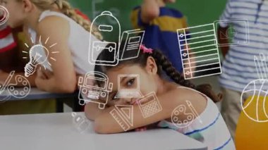 Eğitim okulu ikonlarının sınıftaki çeşitli okul çocukları üzerindeki animasyonu. Küresel eğitim, öğrenim ve ilkokul konsepti dijital olarak oluşturuldu.